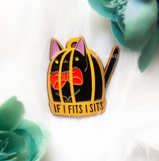 The pin, which features a chubby Jiji the cat from &quot;Kiki&#x27;s Delivery Service&quot; in his cage with the text &quot;If I fits I sits&quot;
