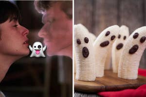 Two characters are on the left kissing with a ghost emoji in the center and bananas dressed as ghosts on the right