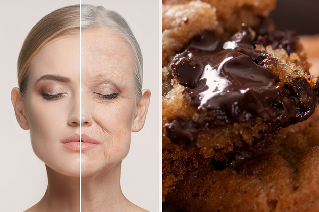 A young and old version of the same woman and a gooey chocolate chip cookie
