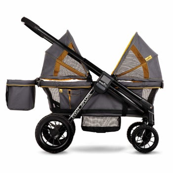 A gray and yellow stroller wagon with black frame and wheels