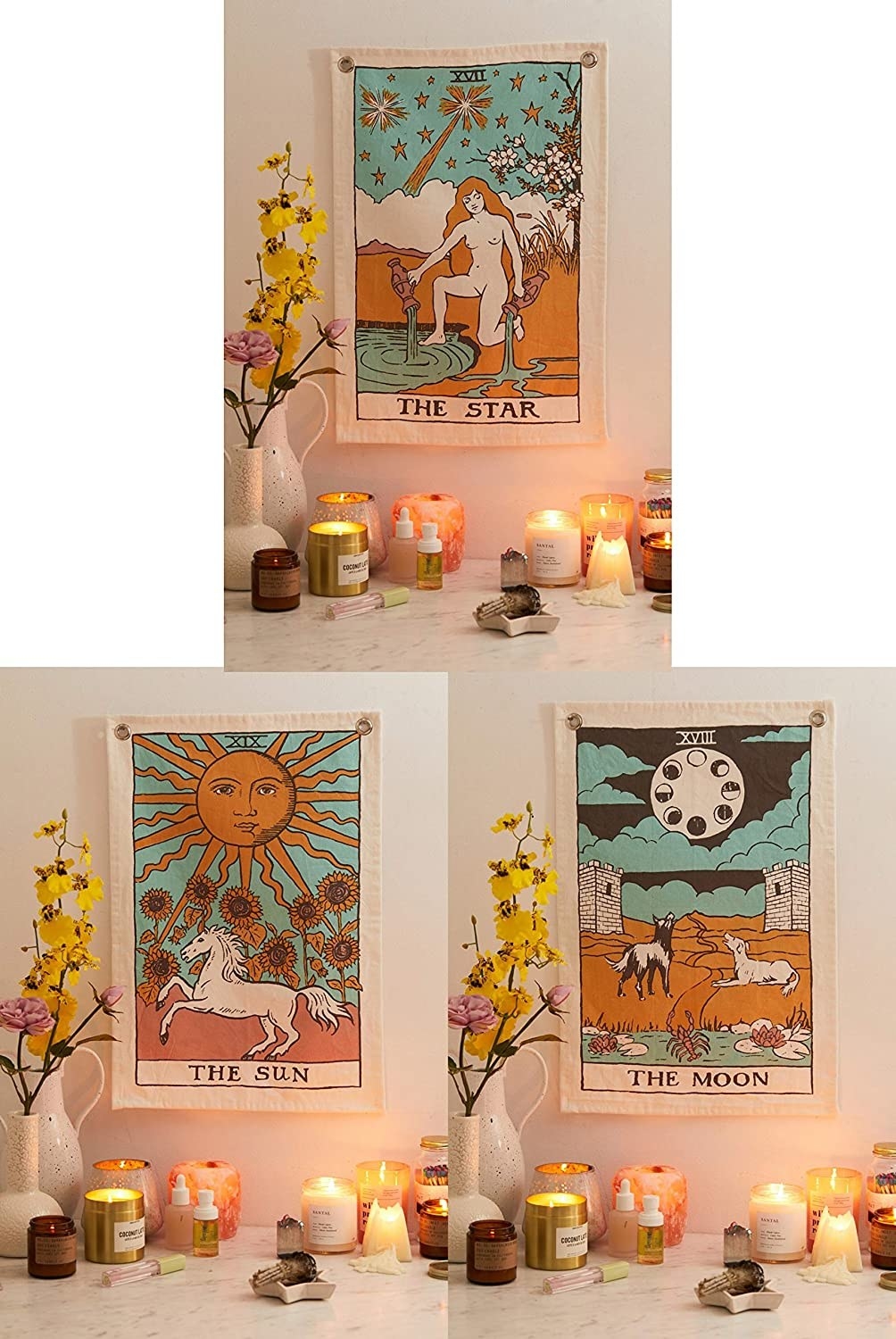 Tarot tapestries depicting the Star, the Sun and the Moon cards.