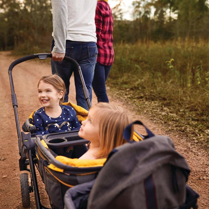 Two children being pulled in the stroller wagon 
