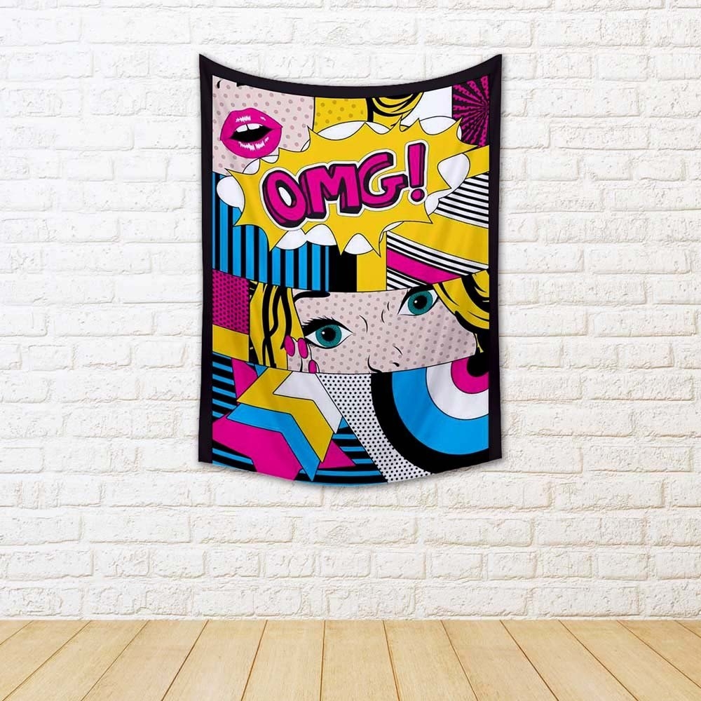  A pop art tapestry with bright colours and a comic book-style depiction of a woman&#x27;s eyes, lips and speech bubble that says &quot;OMG!&quot;