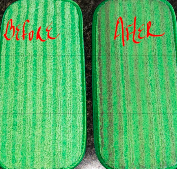 A reviewer before-and-after photo of the mop pad looking clean before use, and dirt absorbed into the pad after use