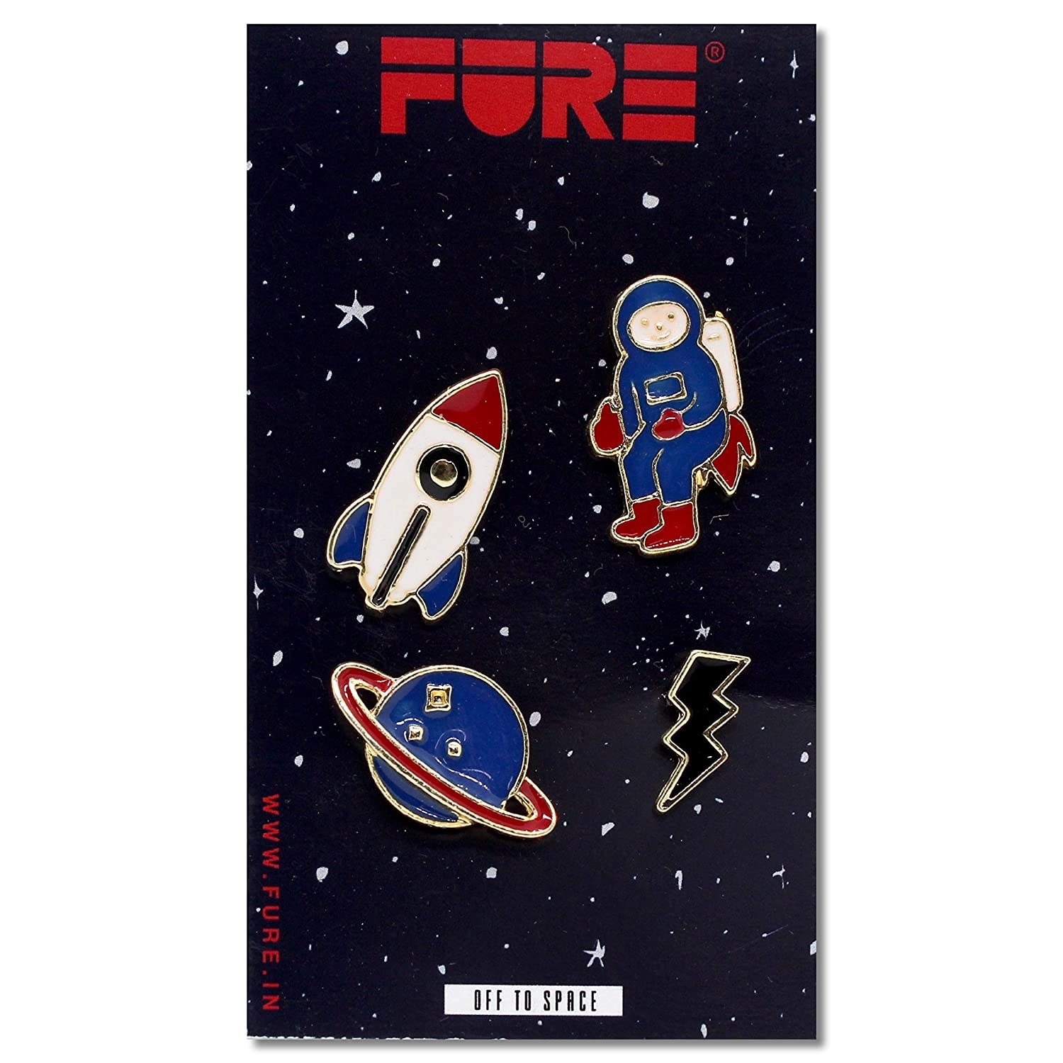 An assortment of space-themed pins which includes a rocket, an astronaut, a planet with a ring around it and a lighting bolt.
