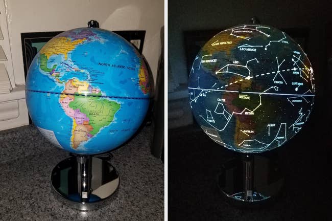 reviewer's split image photo of the globe in world map form and lit up in constellation mode