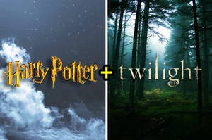 The harry potter logo floating in clouds next to the twilight logo in a forest