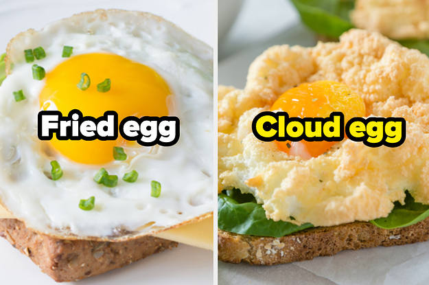 A regular fried egg on toast next to a fluffy cloud egg on toast
