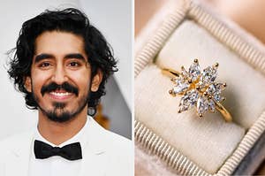 Dev Patel on the left, and a gold engagement ring with several diamonds in the shape of a flower on the right