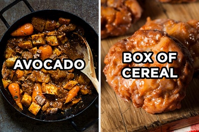 On the left, a pan of beef stew labeled "avocado," and on the right, some apple fritters labeled "box of cereal"
