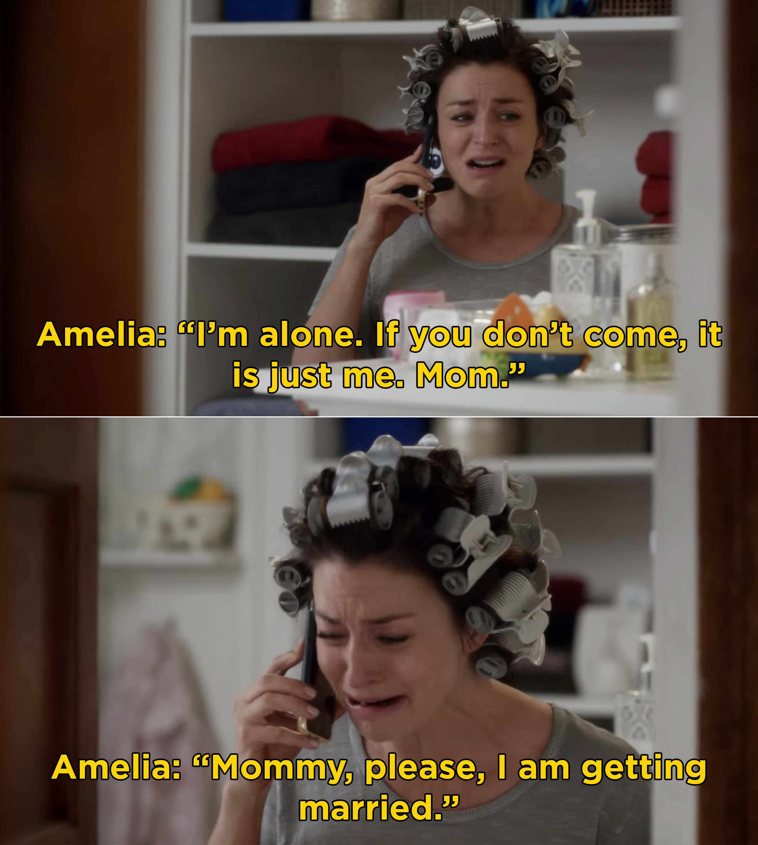 Amelia crying on the phone with her mom and pleading that her mom comes to her wedding