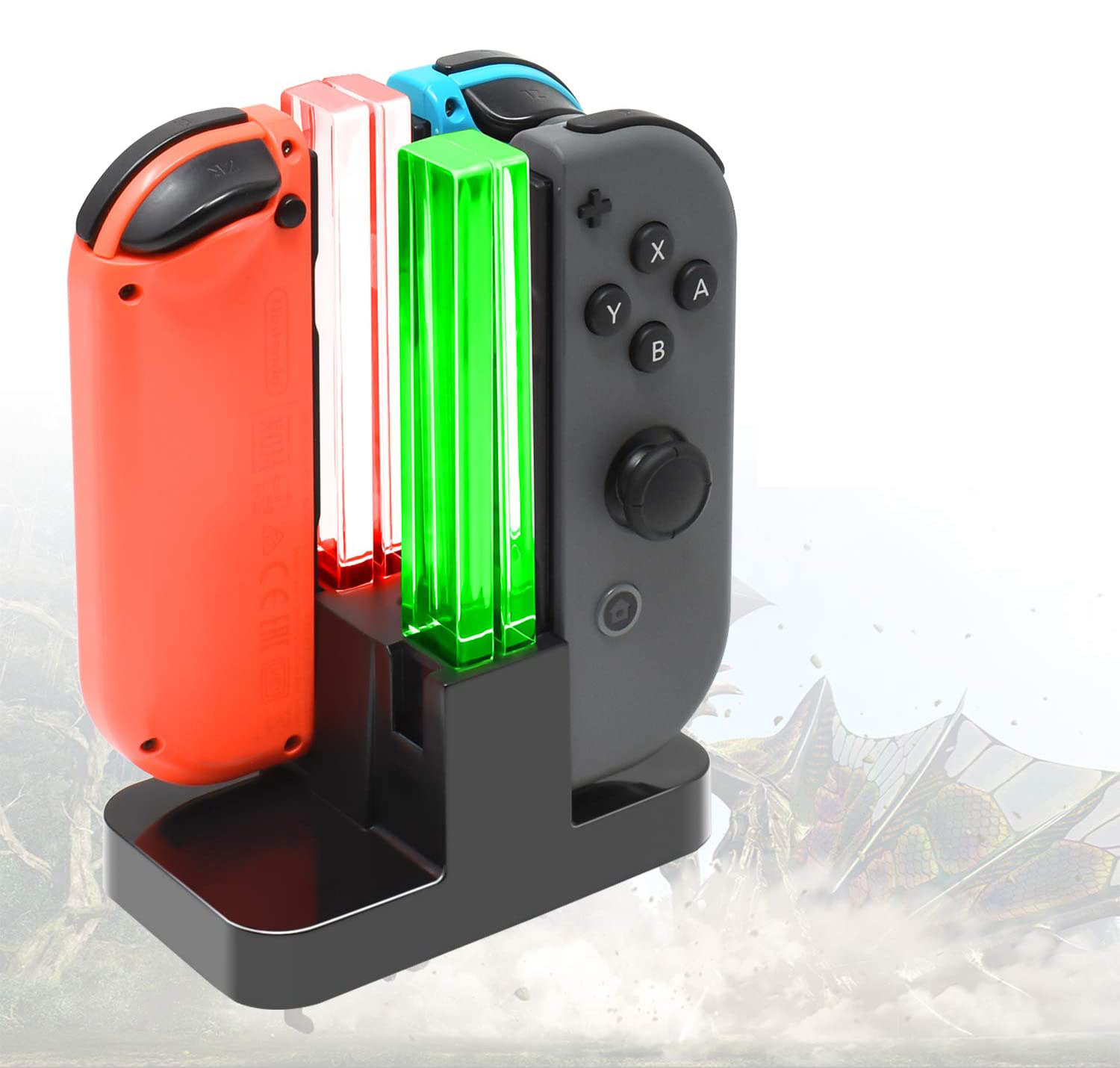 A small docking station with three Switch controllers charging on it