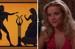 Side-by-side images of an ancient Greek illustration and Elle Woods from "Legally Blonde"