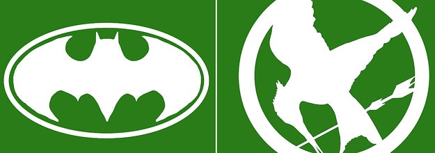 Side-by-side images of the Batman logo and the Hunger Games logo