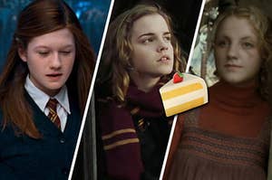 ginny on the left, hermione in the middle, and luna on the right with a cake emoji