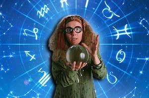 Professor Trelawney holding a crystal ball and guessing your horoscope sign