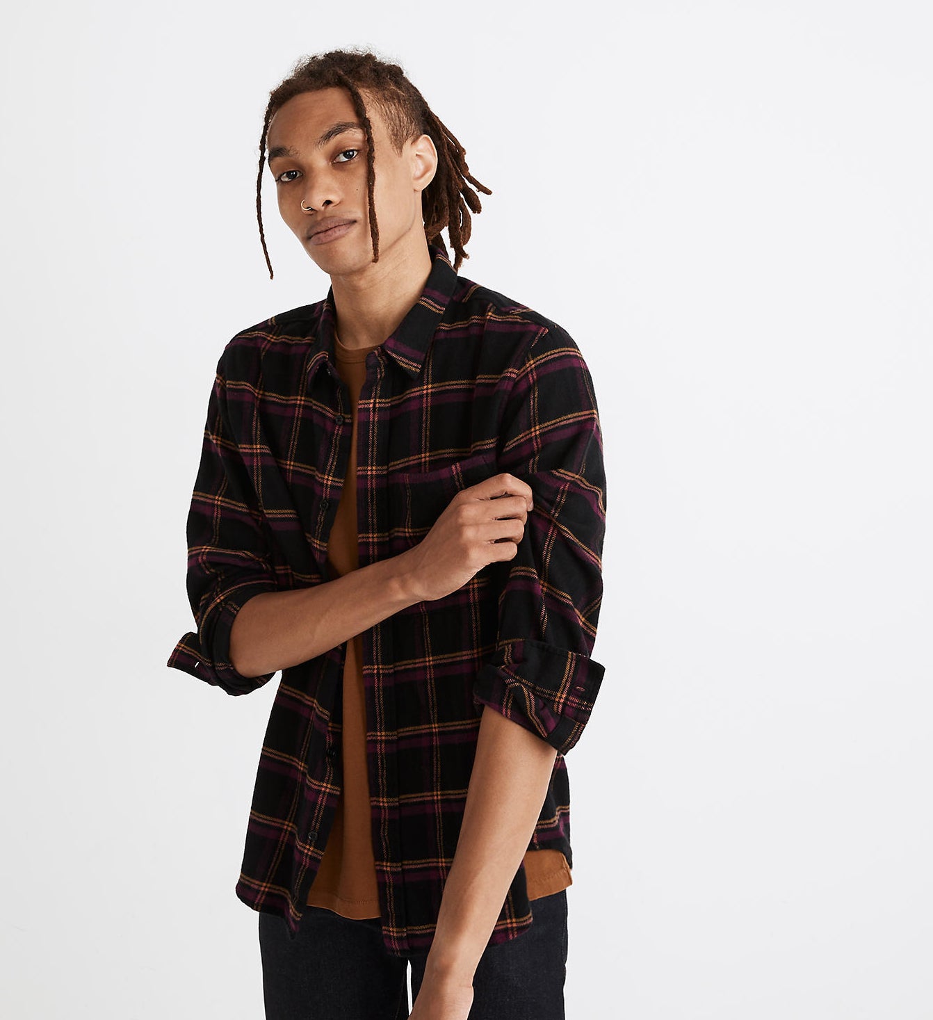 Model wearing Madewell double-brushed flannel perfect shirt in peretz plaid