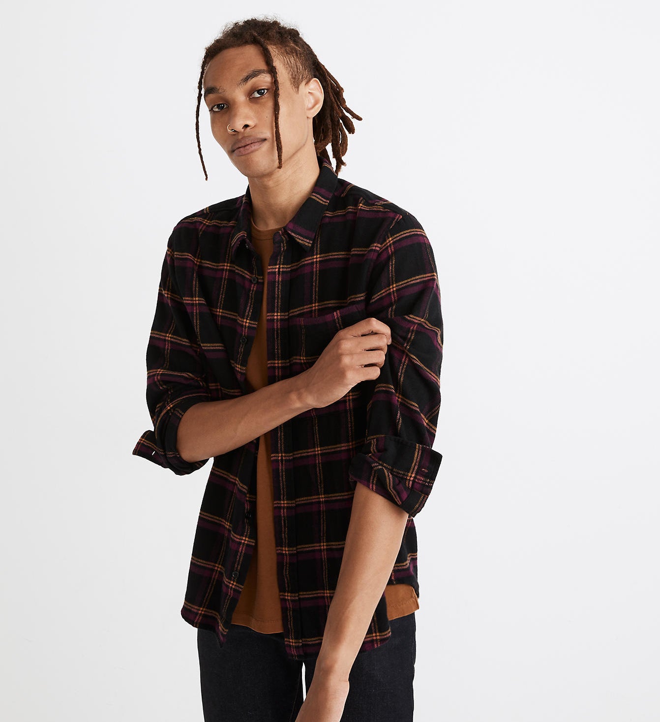 Model wearing Madewell double-brushed flannel perfect shirt in peretz plaid