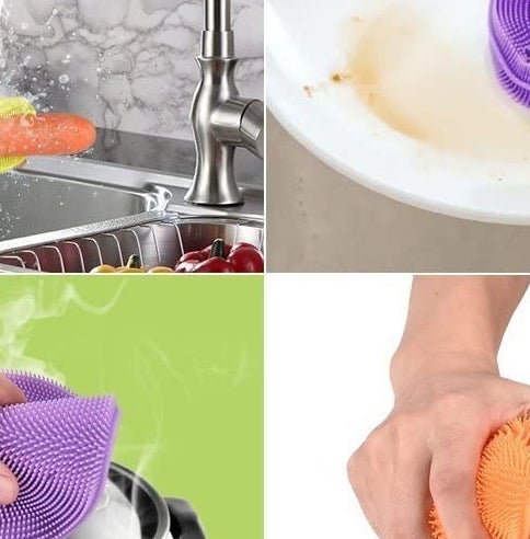 A hand uses a silcone scrubber to get dirt off of a plate