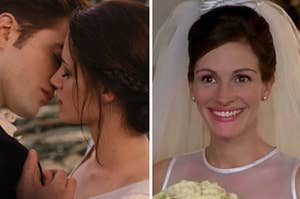 Characters from "Twilight" are kissing at the altar with the "Runaway Bride" smiling under a veil
