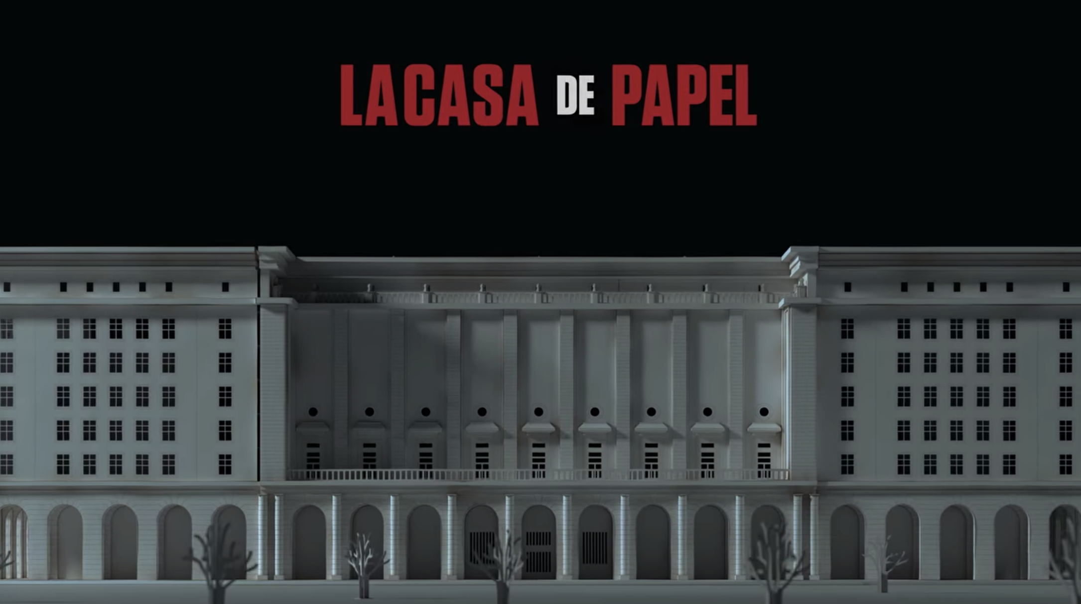 &quot;La Casa de Papel&quot; title card — which is the title of the show over a white bank. 