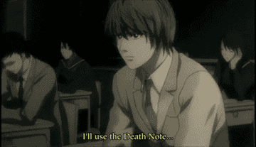 Light says he'll use the Death Note to change the world as his hand shakes