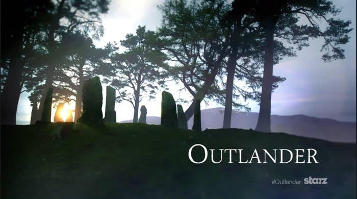 &quot;Outlander&quot; title card — which is the show title over the rocks of Craig Na Dun in Scotland. 
