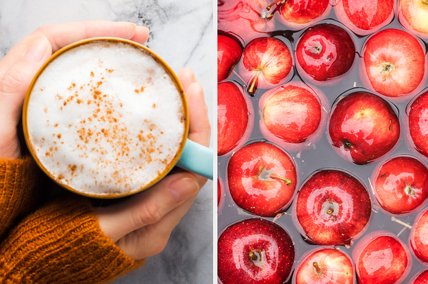 A pumpkin spice latte on the left and a bunch of fresh red apples on the right