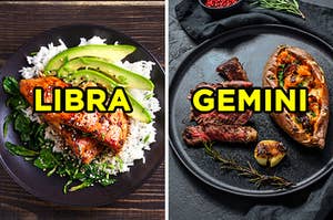 On the left, teriyaki salmon on a bed of rice and avocado labeled "Libra," and on the right, a steak a potatoes dinner labeled "Gemini"