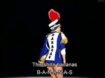A GIF of Gwen Stefani dancing dressed as a cheerleader with the words &quot; This shit&#x27;s bananas, B-A-N-A-N-A-S&quot; written across it 