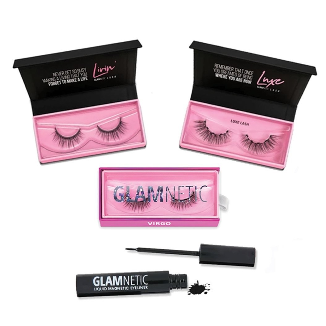 Three sets of lashes with different fullnesses and lengths, plus a liquid liner