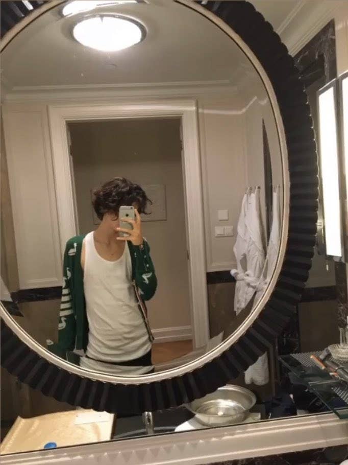 Timothée poses in a mirror wearing a designer duck-printed cardigan