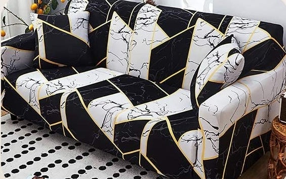 A patterned slipcover on a couch