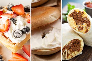 A Belgian waffle with berries and cream, a plain bagel with cream cheese, and a chorizo egg breakfast burrito