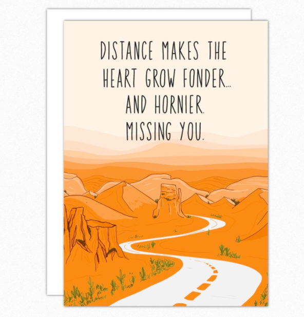 Card that says "Distance makes the heart grow fonder, and hornier, missing you" with an illustration of a long road going through a canyon