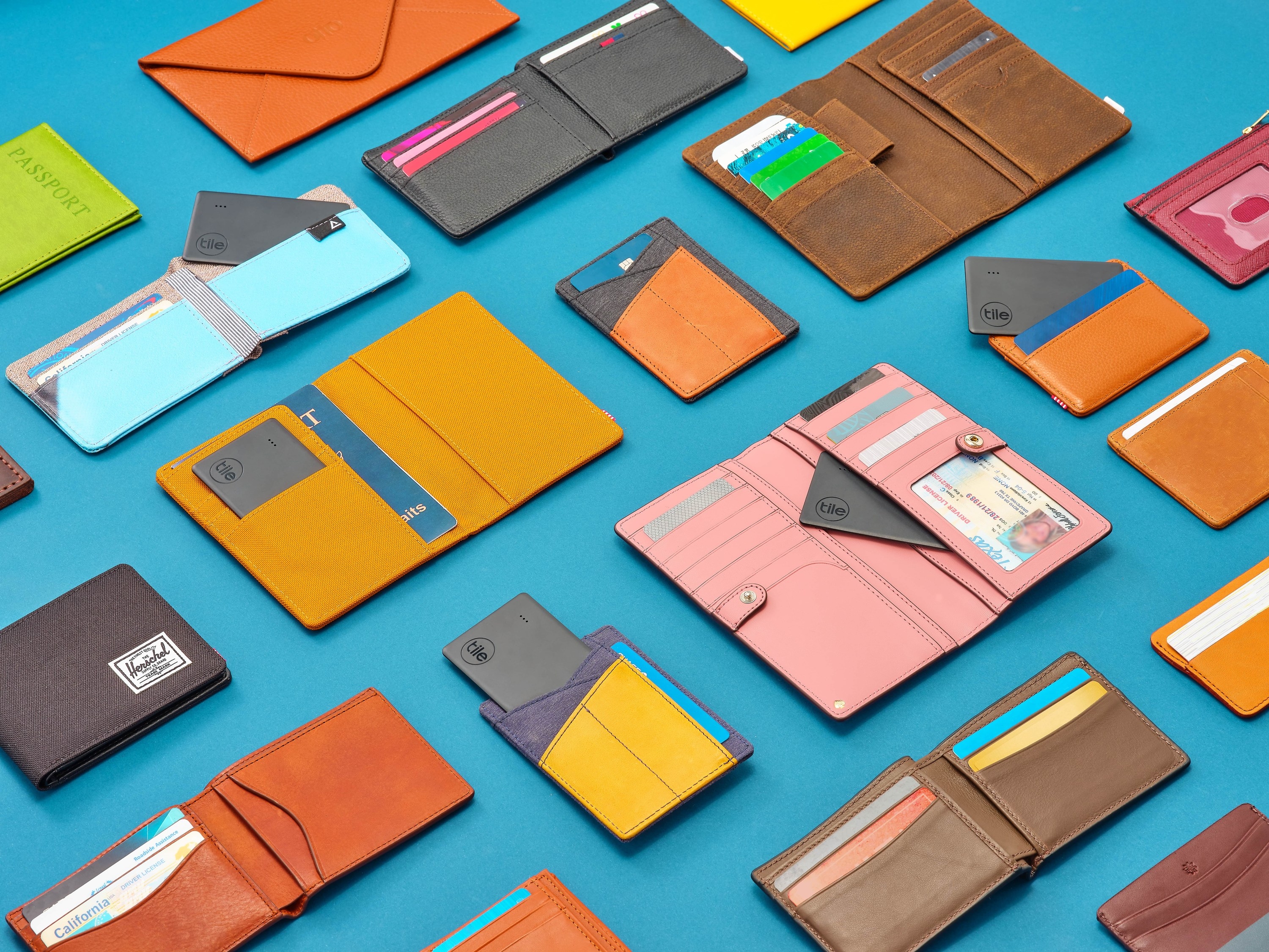 Colorful layout of Tile trackers in wallets