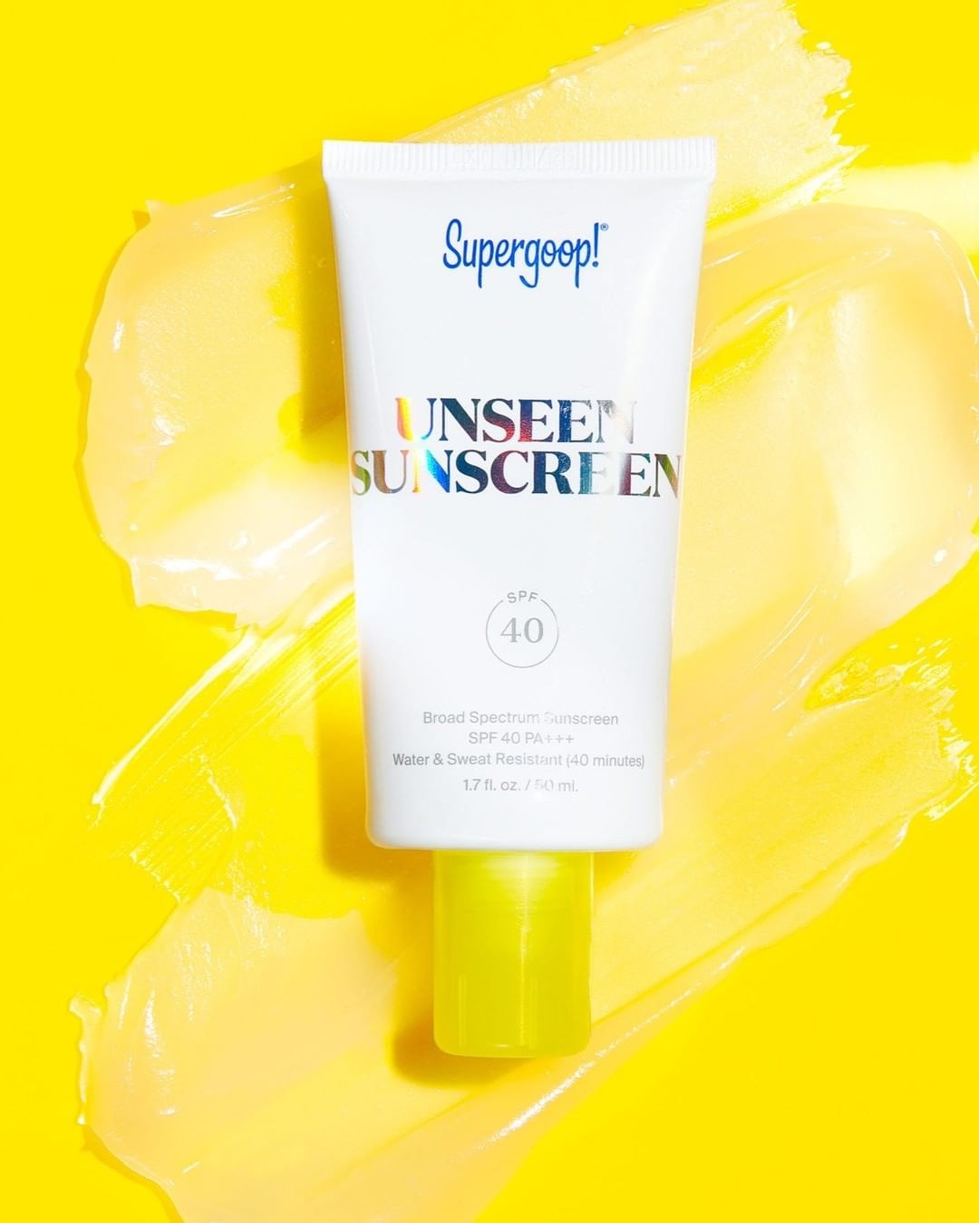 A tube of Supergoop! gel sunscreen with SPF 40 protection