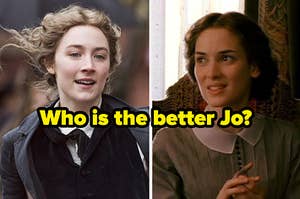 Two images of Saoirse Ronan and Winona Ryder both playing Jo March in the 2019 and 1994 versions of Little Women