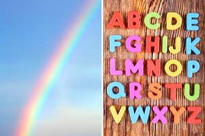 On the left, a rainbow shooting across the sky, and on the right, alphabet magnets