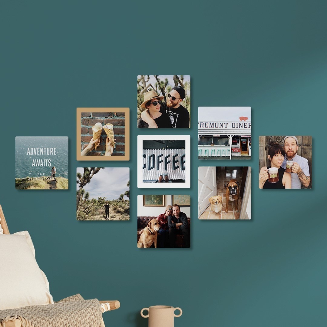 A wall collage featuring photo tiles of a couple, family members, and travel destinations