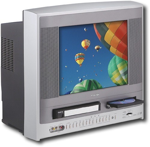 A Toshiba DVD and VCR combo TV  displaying hot air balloons on the screen