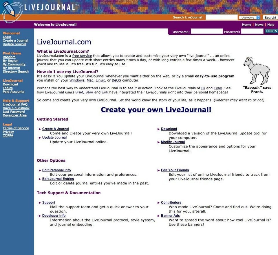 A screenshot of a LiveJournal create and account page