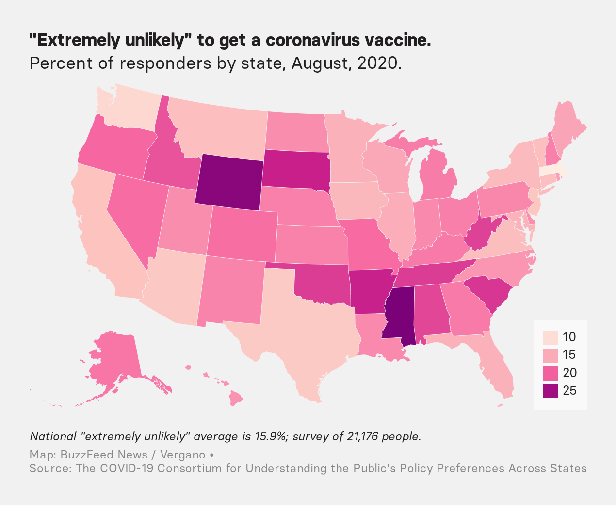 A map of the US showing in which states people are &quot;extremely unlikely&quot; to get a coronavirus vaccine