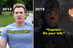 Side-by-side of Steve saying "on your left" to Sam in "Winter Soldier," then Sam saying it to Steve in "Endgame"
