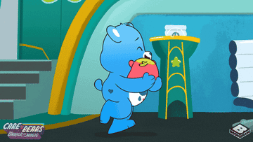 Blue Care Bear hugs a cute strawberry friend while spinning