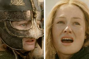 Left: Éowyn wearing her helmet, preparing to go into battle; Right: Éowyn after taking her helmet off to face the Witch-King