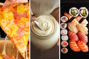 A slice of pineapple pizza, a jar of mayonnaise, and a platter of sushi