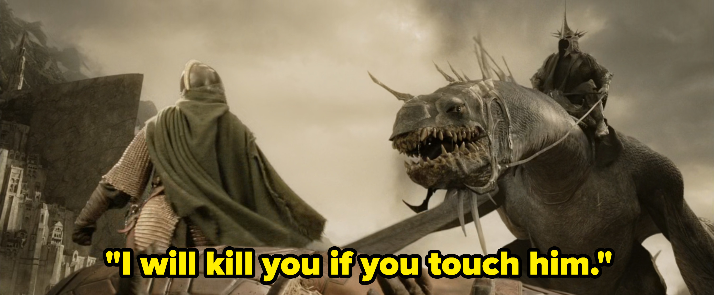 Éowyn standing in front of Théoden&#x27;s body, protecting it from the Witch-King; the captionm reads &quot;I will kill you if you touch him&quot;