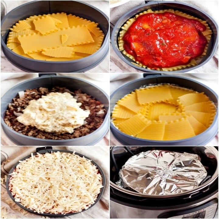 A process shot of making lasagna by layering all the ingredients in a lasagna pan.