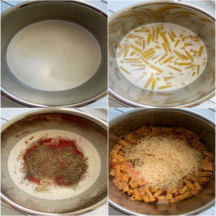 A process shot of making the baked ziti by adding cream, pasta, and crushed tomatoes.